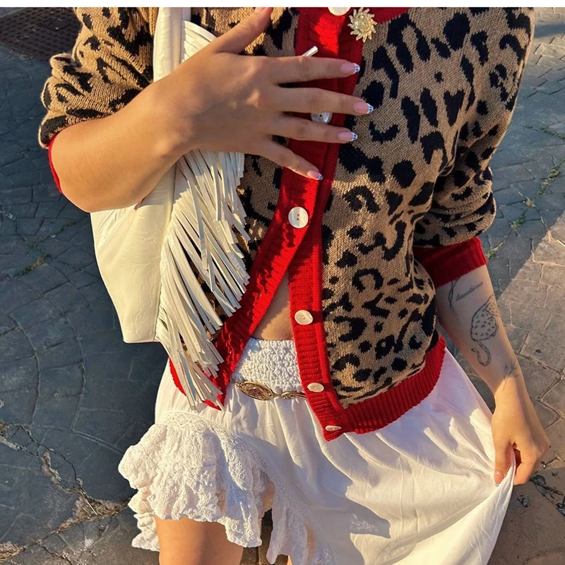 Cárdigan de leopardo con frente abierto para mujer, Tops de punto con estampado de guepardo, suéter de cuello redondo con botones de gran tamaño, chaqueta cárdigan, ropa de calle