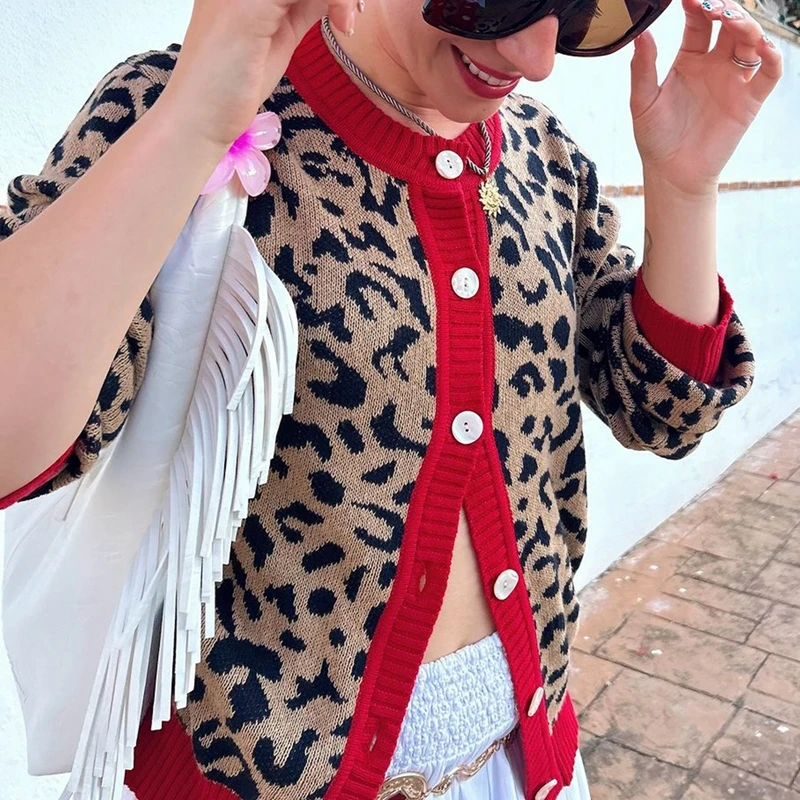 Cárdigan de leopardo con frente abierto para mujer, Tops de punto con estampado de guepardo, suéter de cuello redondo con botones de gran tamaño, chaqueta cárdigan, ropa de calle