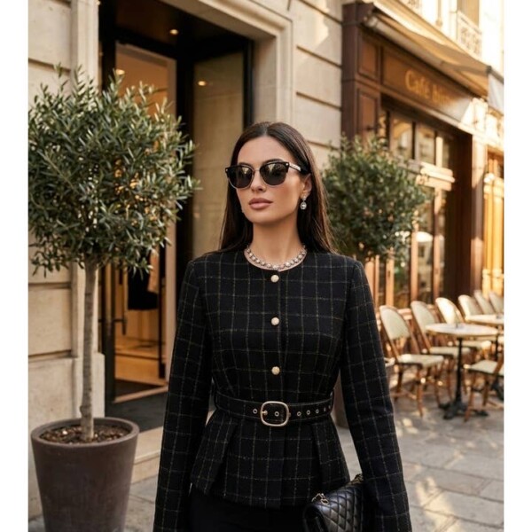 chaqueta de mujer cuadros con cinturon