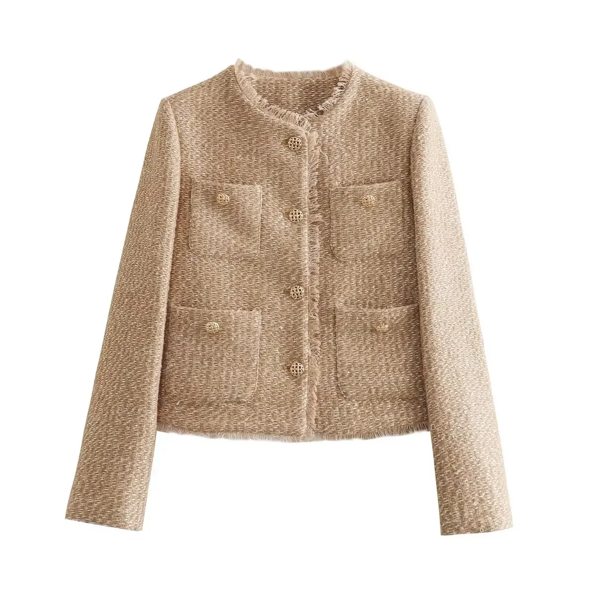 Chaqueta de Tweed con cuello redondo para mujer, abrigo corto elegante de manga larga con botones deshilachados, moda de otoño, 2024